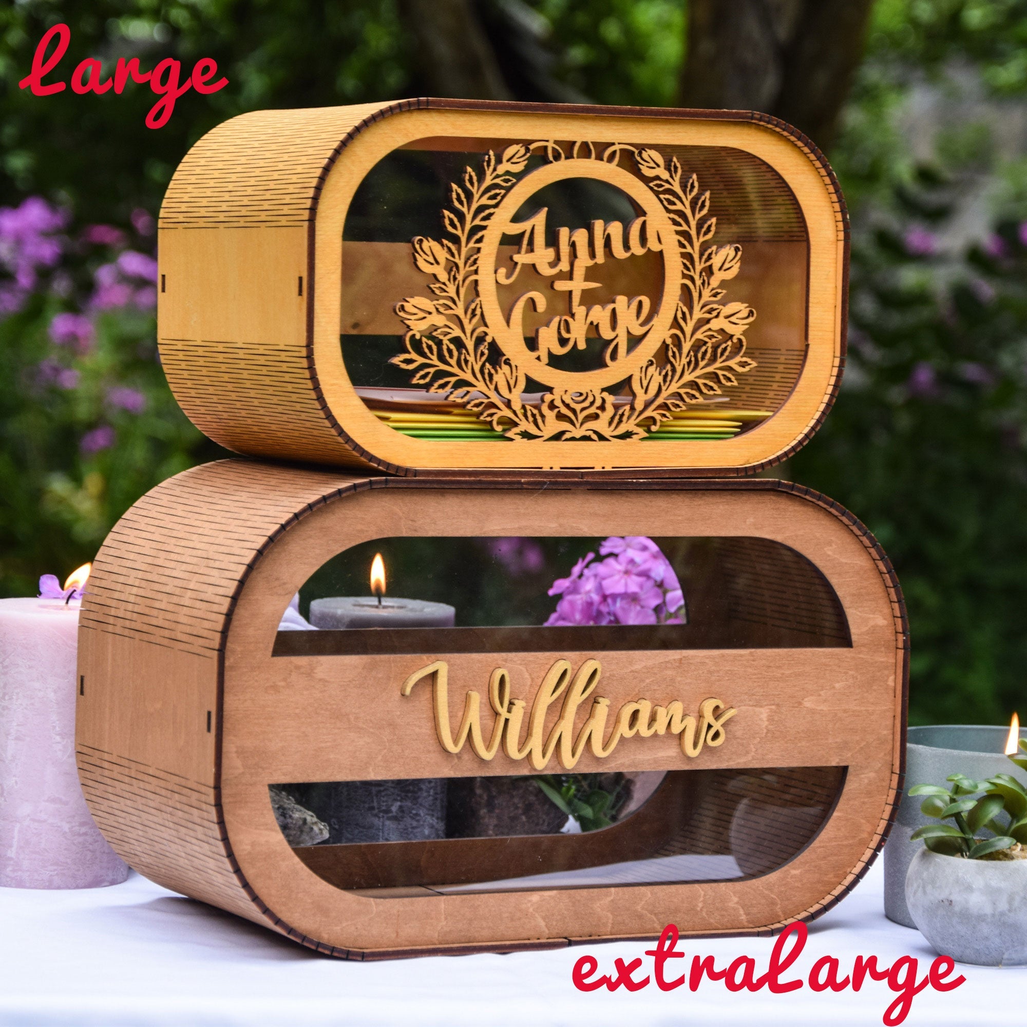 Personalisierte Kartenbox für Hochzeit, Holzdekor